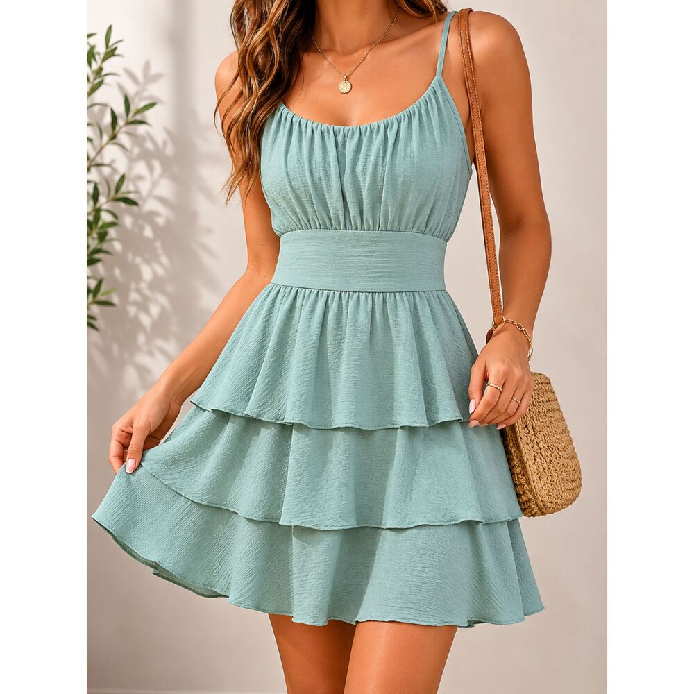 Originality Mint Green Tiered Mini Dress S Pastel Fairycore Wedding Guest Boho
